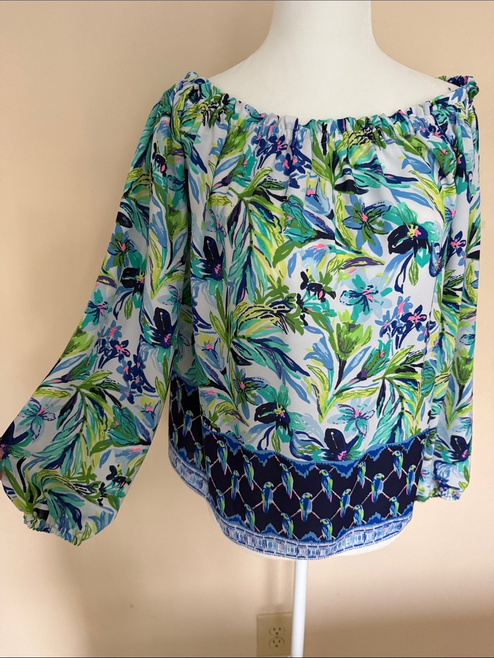Lilly Pulitzer Off-Shoulder Floral Blouse in Blue, Green and Navy with Pink